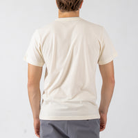 Person wearing a plain white t-shirt on a light gray background