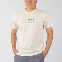 Man wearing a white t-shirt with 'O'Neill' logo on a plain background