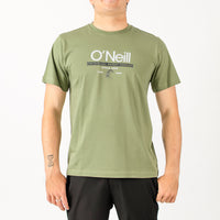 Person wearing a green O'Neill t-shirt on a white background
