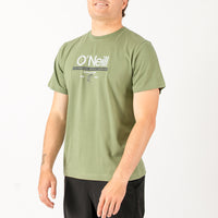 Person wearing a green O'Neill t-shirt on a white background