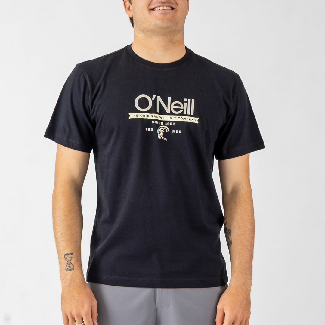 Person wearing a black O'Neill t-shirt with a logo on a white background