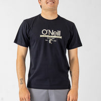 Person wearing a black O'Neill t-shirt with a logo on a white background