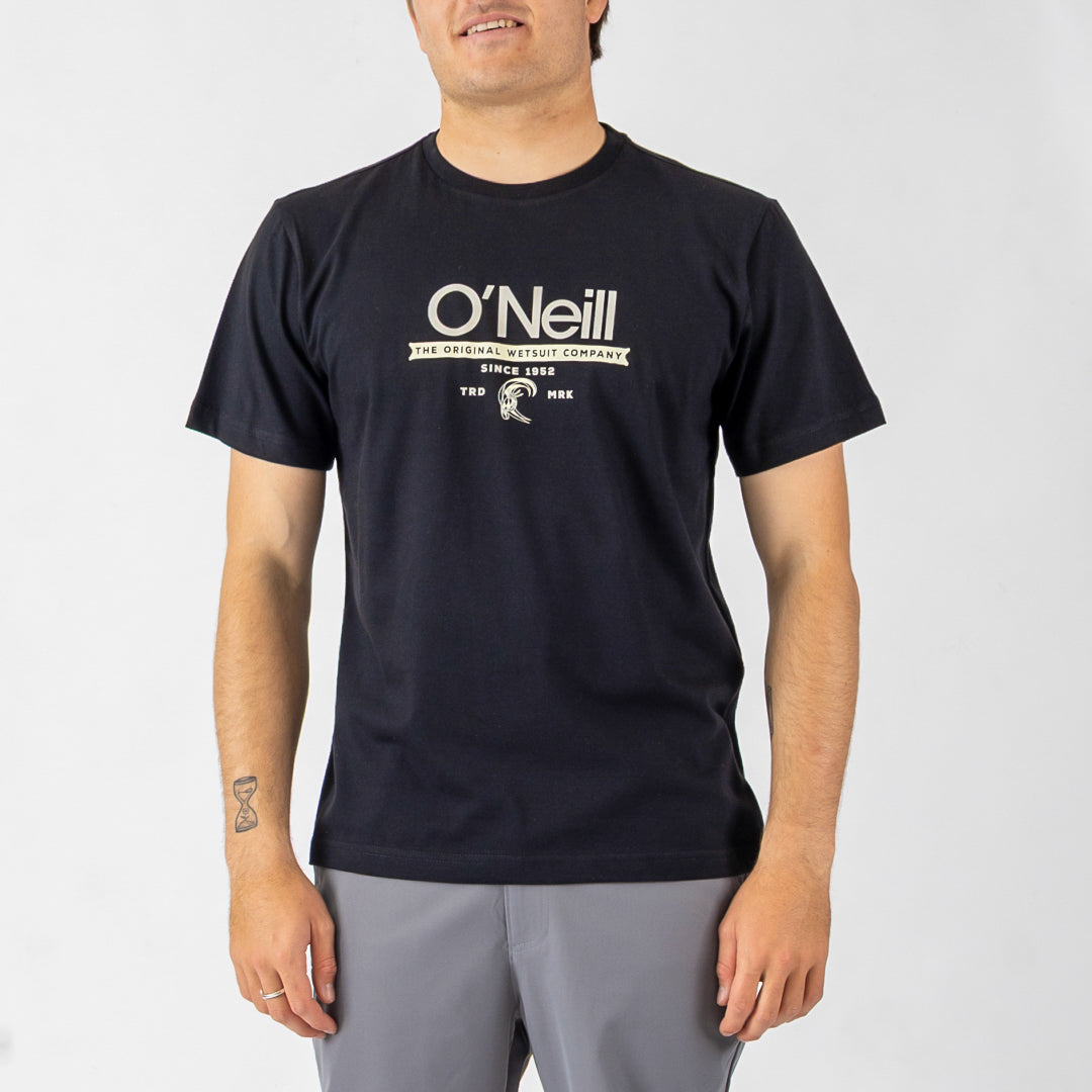 Person wearing a black O'Neill t-shirt with a logo on a white background