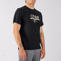 Person wearing a black O'Neill t-shirt on a white background