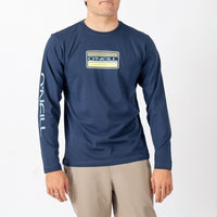 Man wearing a navy long-sleeve shirt with a logo on a white background
