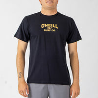 Person wearing a black O'Neill Surf Co. t-shirt on a white background