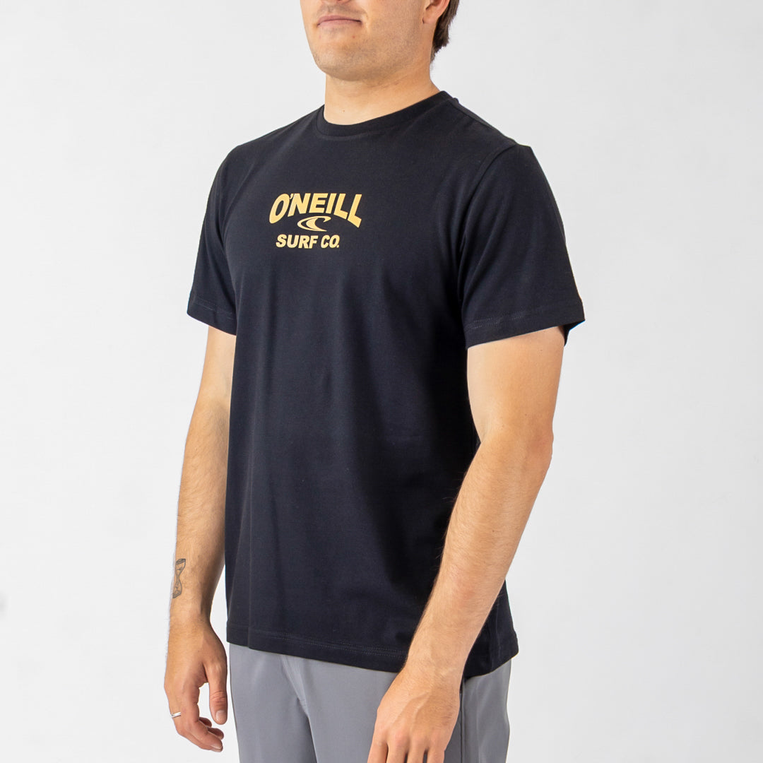 Person wearing a black t-shirt with yellow 'O'Neill Surf Co' logo on a white background