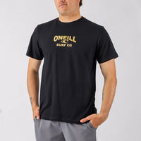Person wearing a black O'Neill surf shirt with yellow logo on a gray background