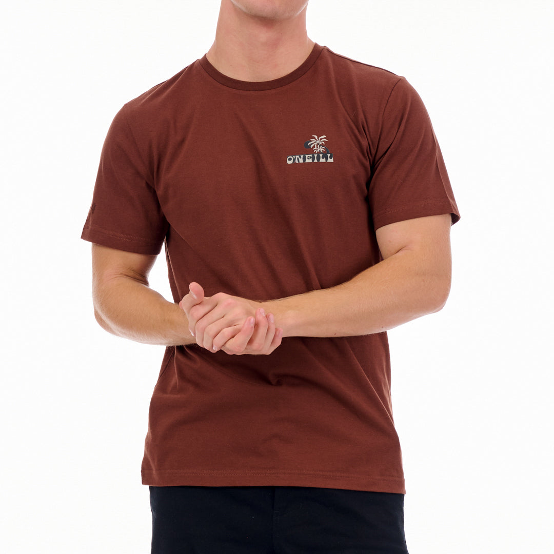 Person wearing a brown t-shirt with a logo on a white background