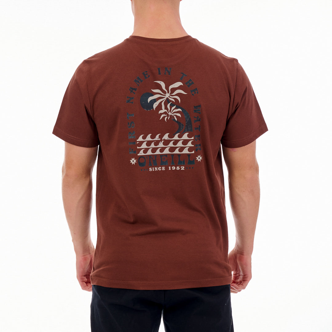 Brown t-shirt with a palm tree design on the back, worn by a person.