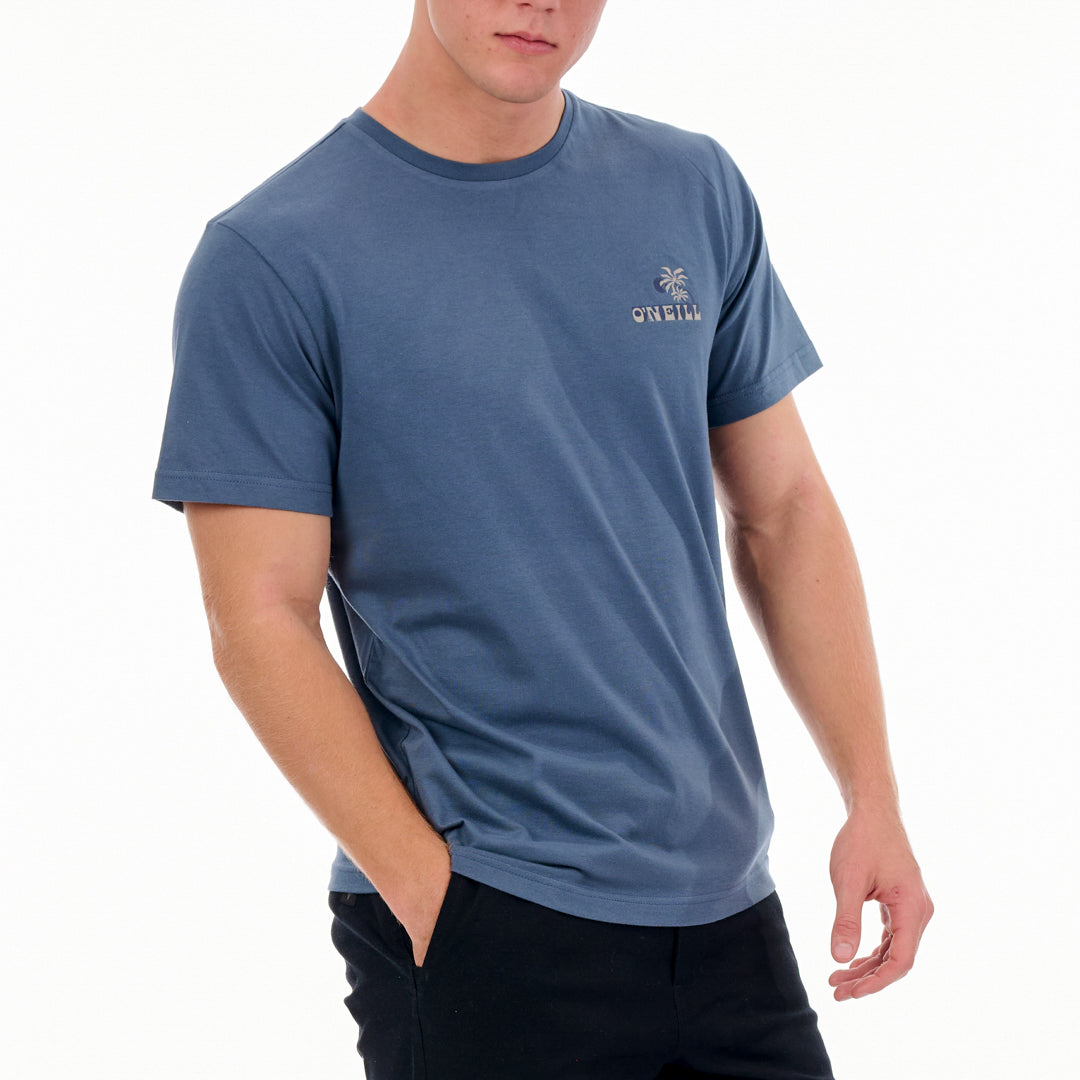 Person wearing a blue t-shirt with a logo on a white background