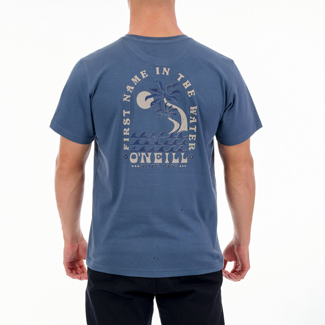 Blue t-shirt with 'First Name in the Water' O'Neill graphic on the back