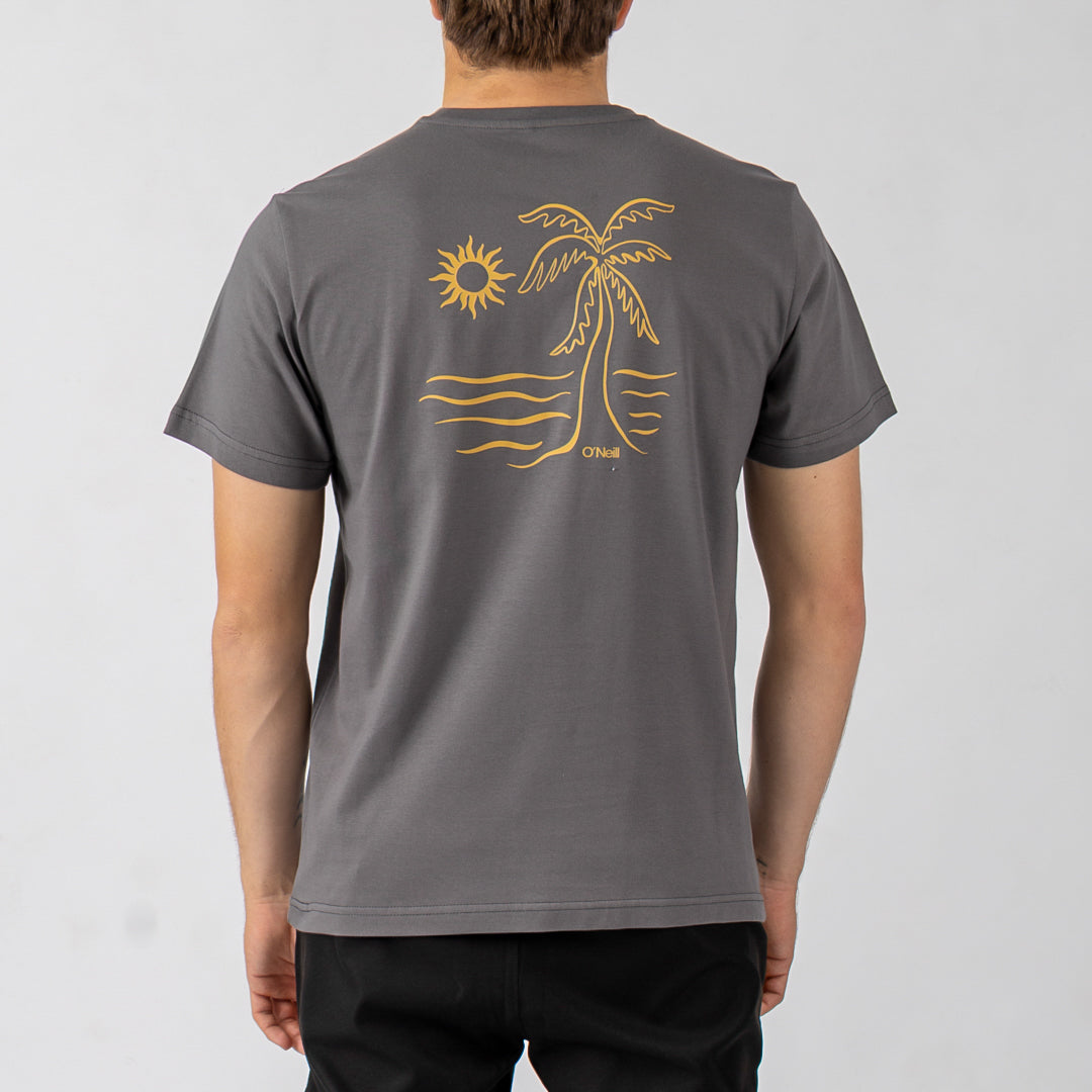 Person wearing a gray t-shirt with a yellow palm tree and sun design on the back, on a light gray background.