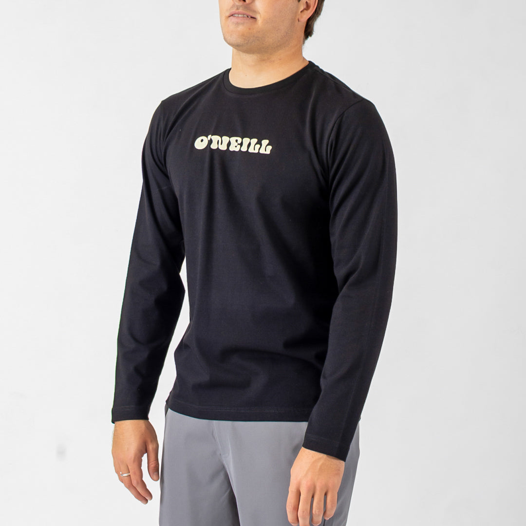 Person wearing a black long-sleeve shirt with 'O'Neill' logo on a white background