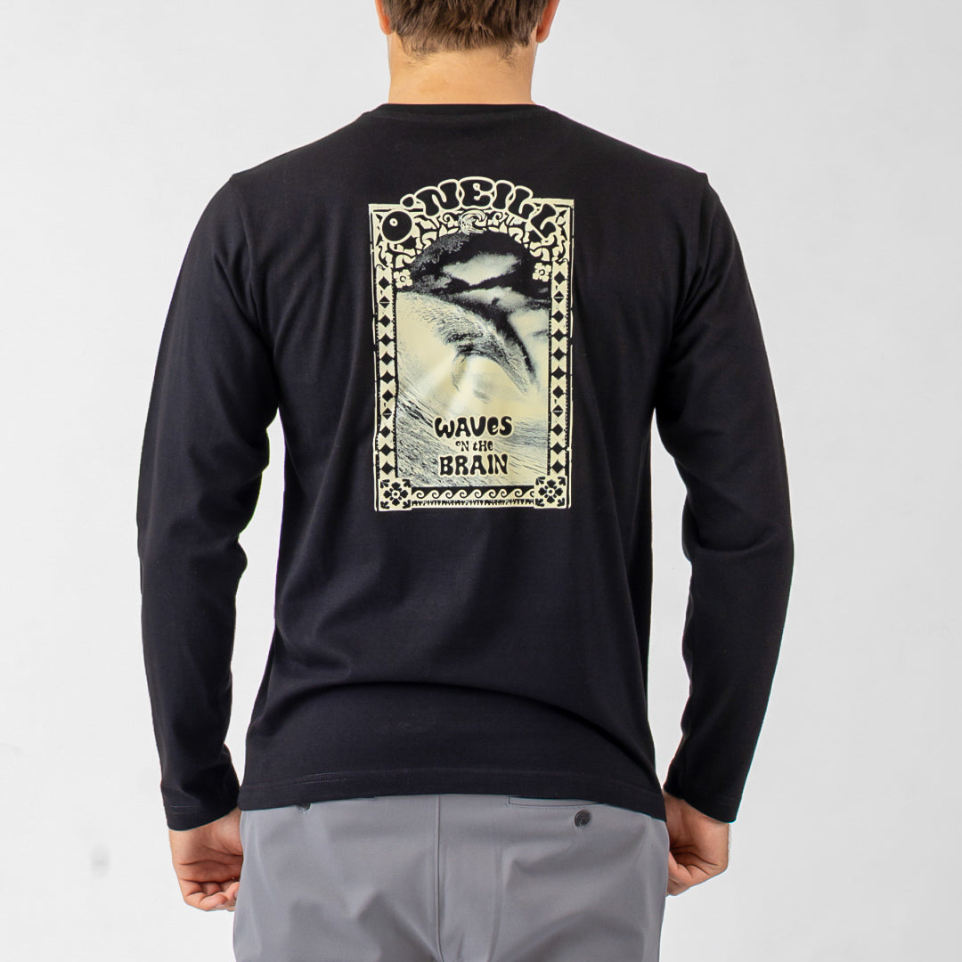 Black long-sleeve shirt with a graphic design on the back, worn by a person against a light gray background.
