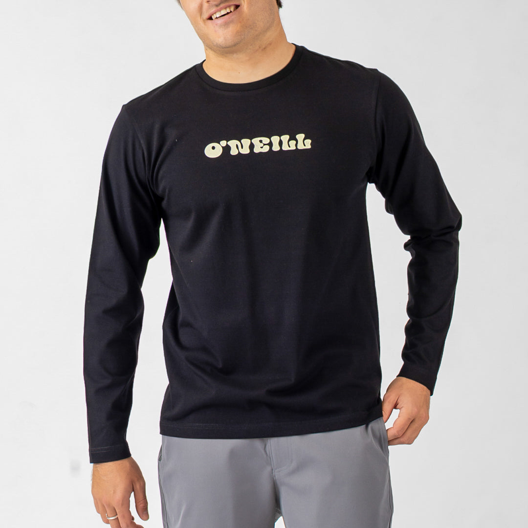 Person wearing a black long-sleeve shirt with 'O'Neill' logo on a white background