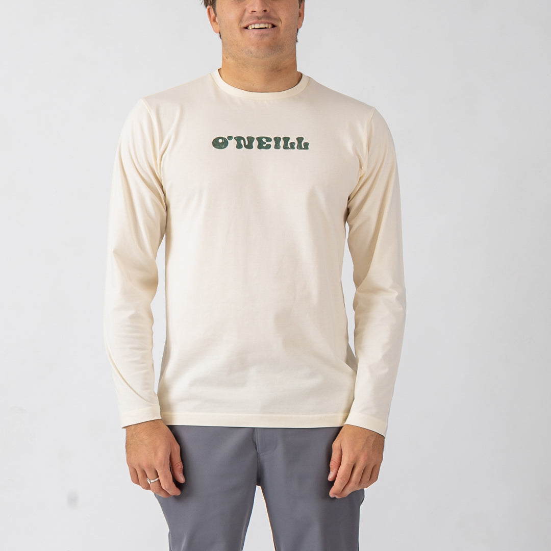 Person wearing a cream long-sleeve shirt with 'O'Neill' logo on a white background