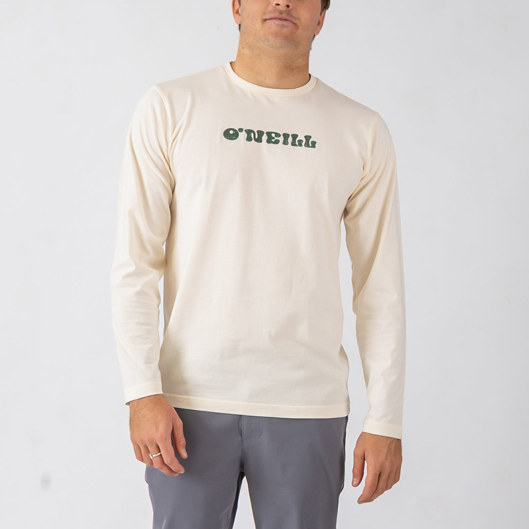 Person wearing a cream long-sleeve shirt with 'O'Neill' logo on a white background