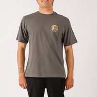 Man wearing a gray t-shirt with a logo on a plain background