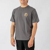 Person wearing a gray t-shirt with a logo on a white background
