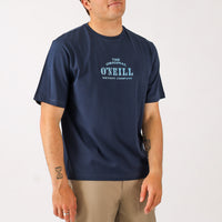 Person wearing a navy blue t-shirt with 'The Original O'Neill Wetsuit Company' logo on a white background