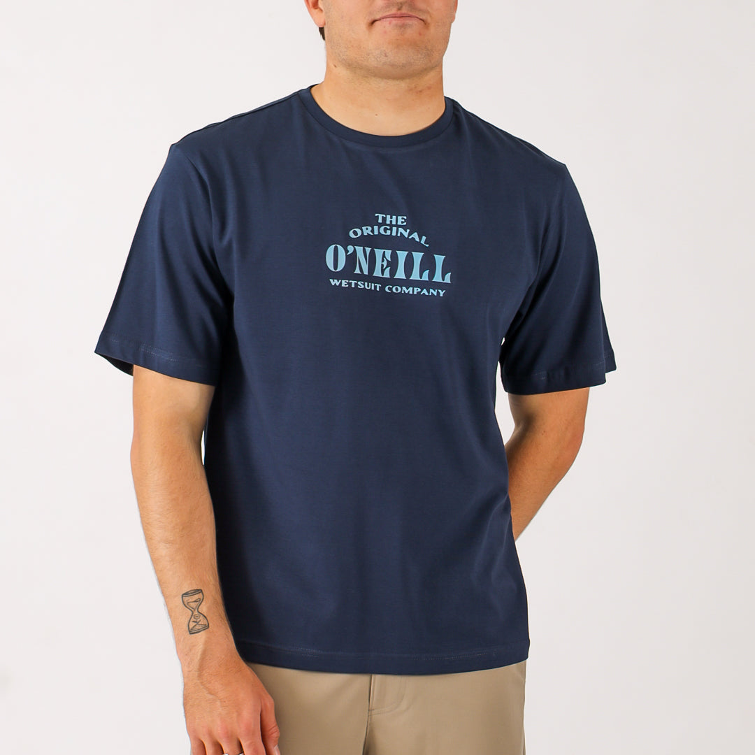 Person wearing a navy blue t-shirt with 'The Original O'Neill Wetsuit Company' logo on a white background