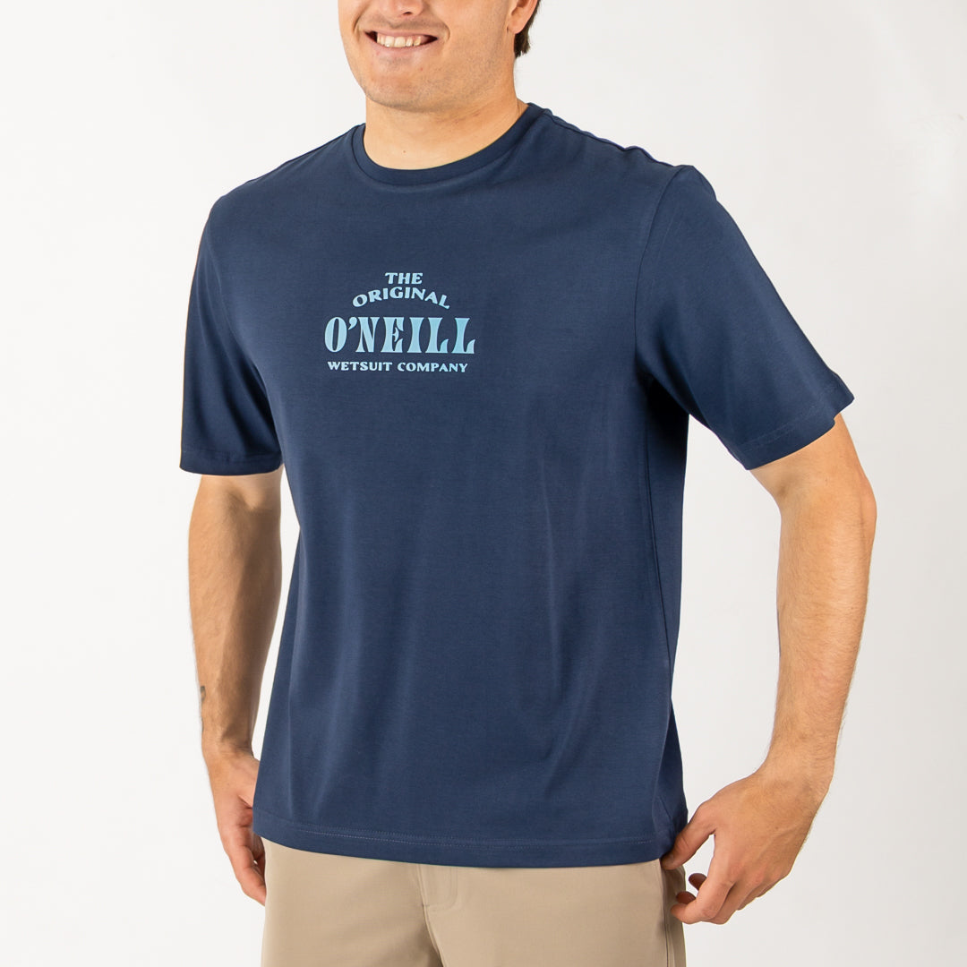 Man wearing a navy blue t-shirt with 'The Original O'Neill Wetsuit Company' logo on a white background