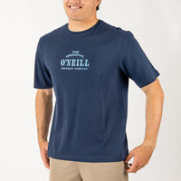 Man wearing a navy blue t-shirt with 'The Original O'Neill Wetsuit Company' logo on a white background
