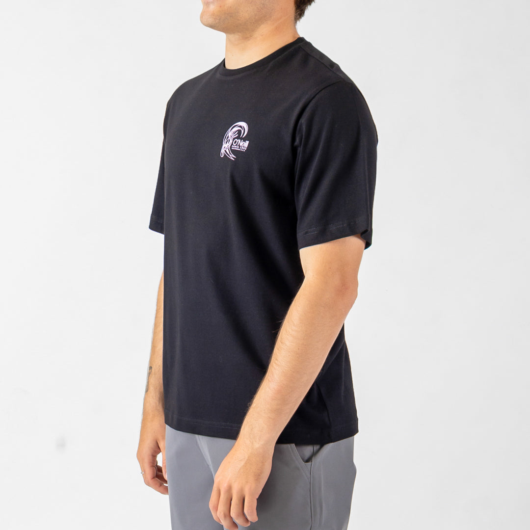 Person wearing a black t-shirt with a logo on a white background
