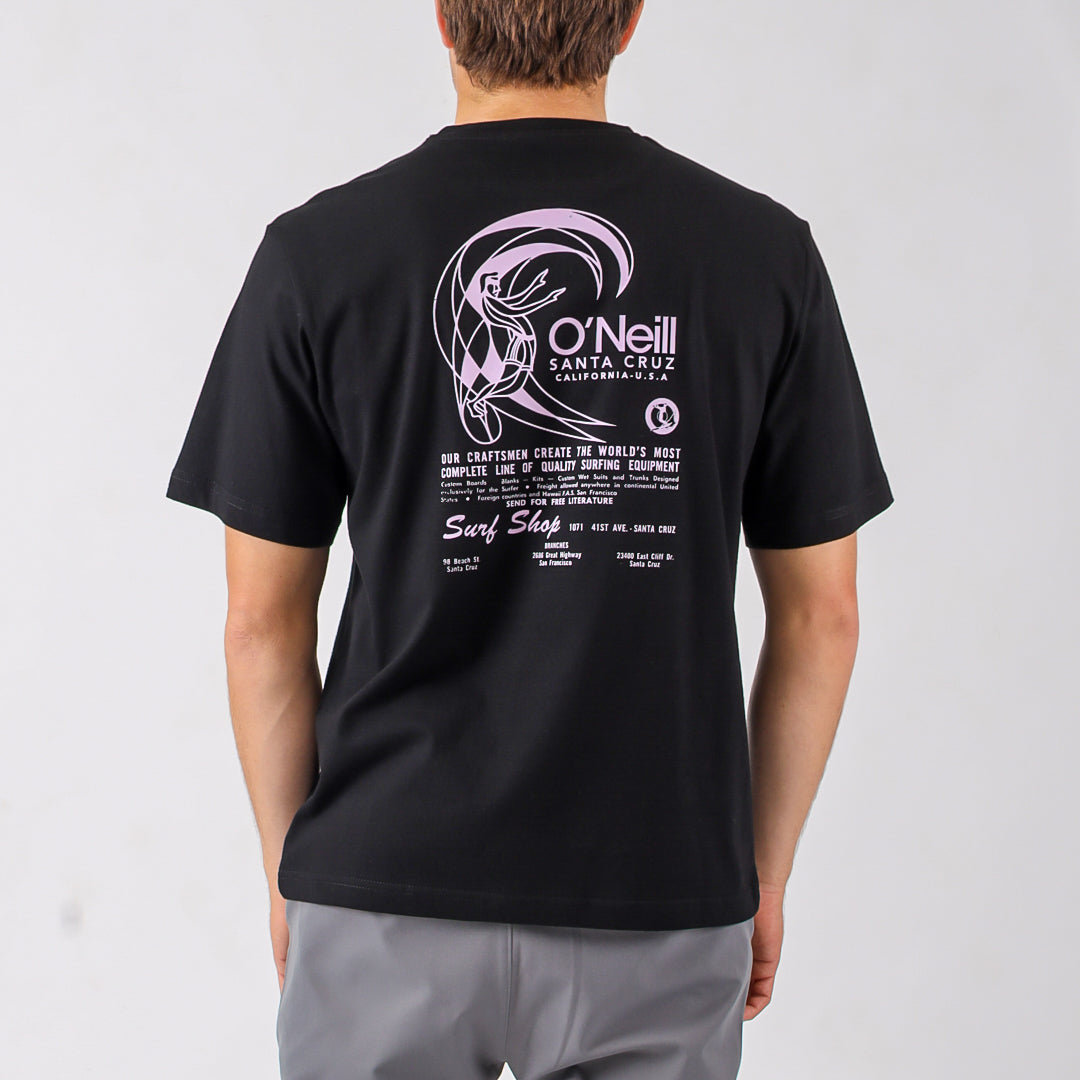 Person wearing a black t-shirt with O'Neill logo and text on the back, standing against a plain background.