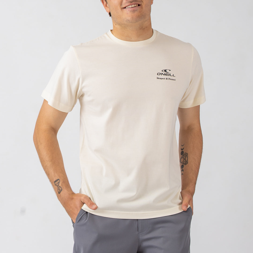 Man wearing a beige O'Neill t-shirt against a white background