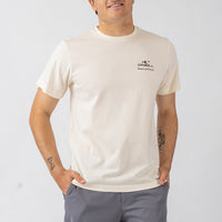 Man wearing a beige O'Neill t-shirt against a white background