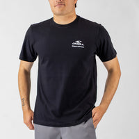 Man wearing a black O'Neill t-shirt with a logo on a gray background