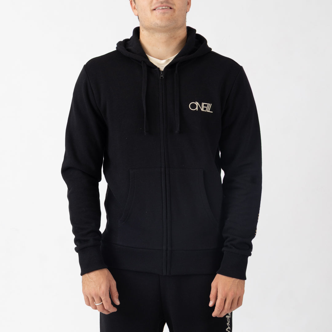 Person wearing a black hoodie with a brand logo on a white background