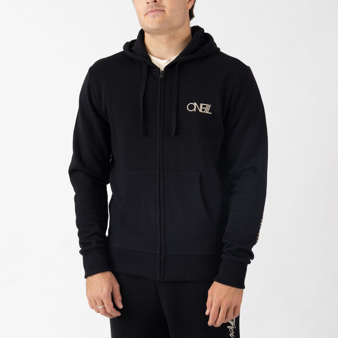 Person wearing a black hoodie with a brand logo on a white background