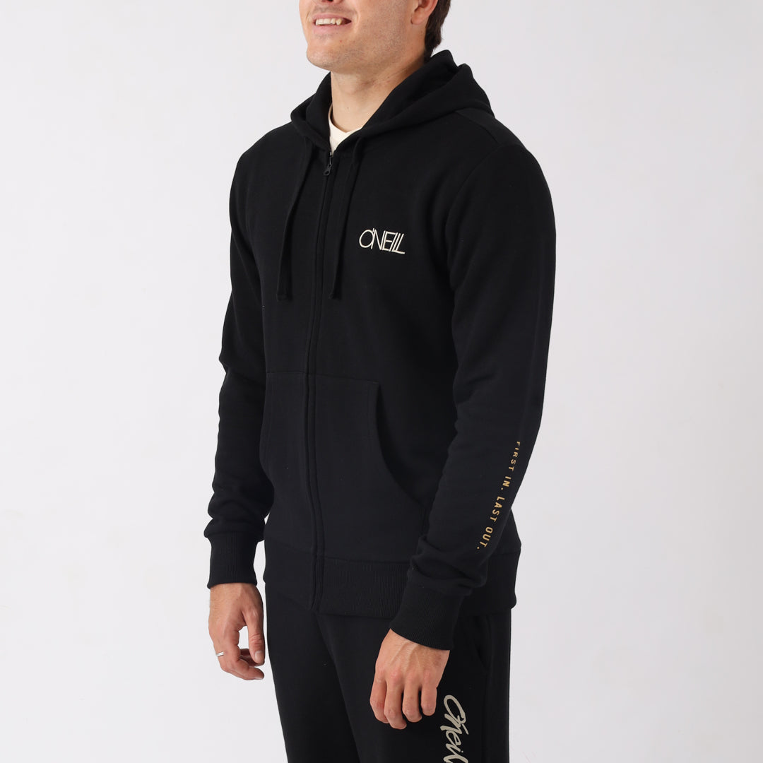 Person wearing a black hoodie with 'O'Neill' branding on a white background