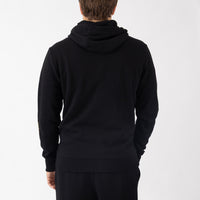 Person wearing a black hoodie from behind on a white background