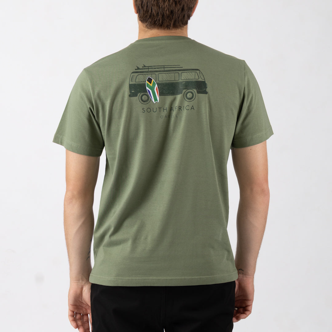 Person wearing a green t-shirt with a graphic design on the back, set against a plain background