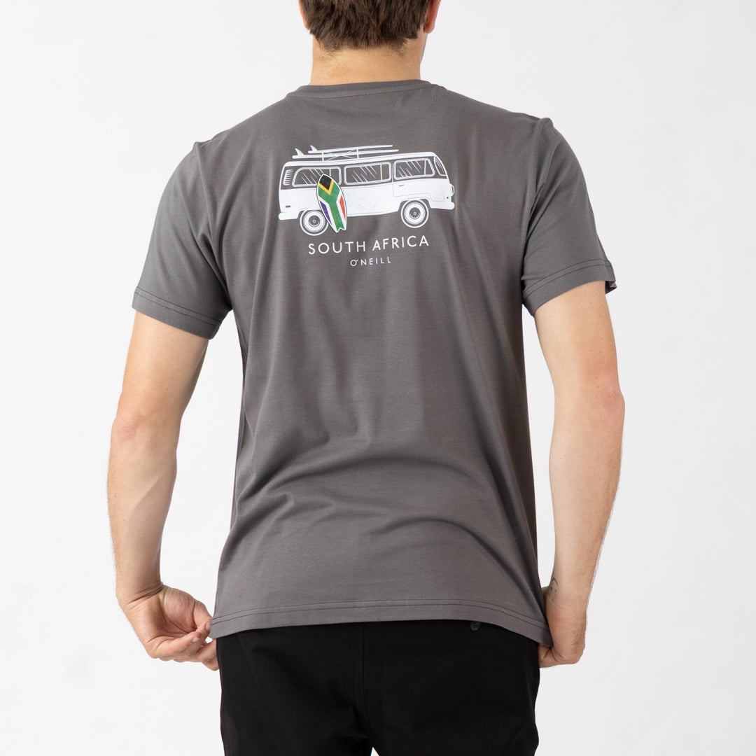 Person wearing a gray t-shirt with a graphic of a van and 'South Africa' text on the back, on a light gray background.