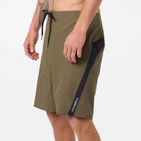 Olive green shorts with black accents on a white background