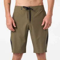 Olive green shorts with black accents on a white background