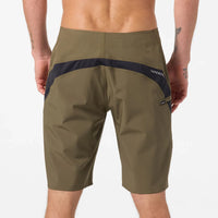 Olive green shorts with a black stripe on a white background