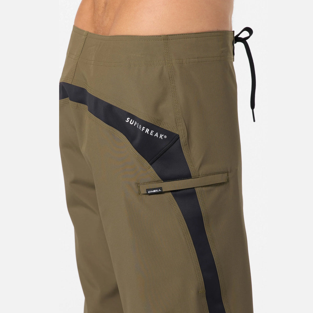 Khaki shorts with black accents and a brand logo on a white background