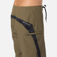Khaki shorts with black accents and a brand logo on a white background