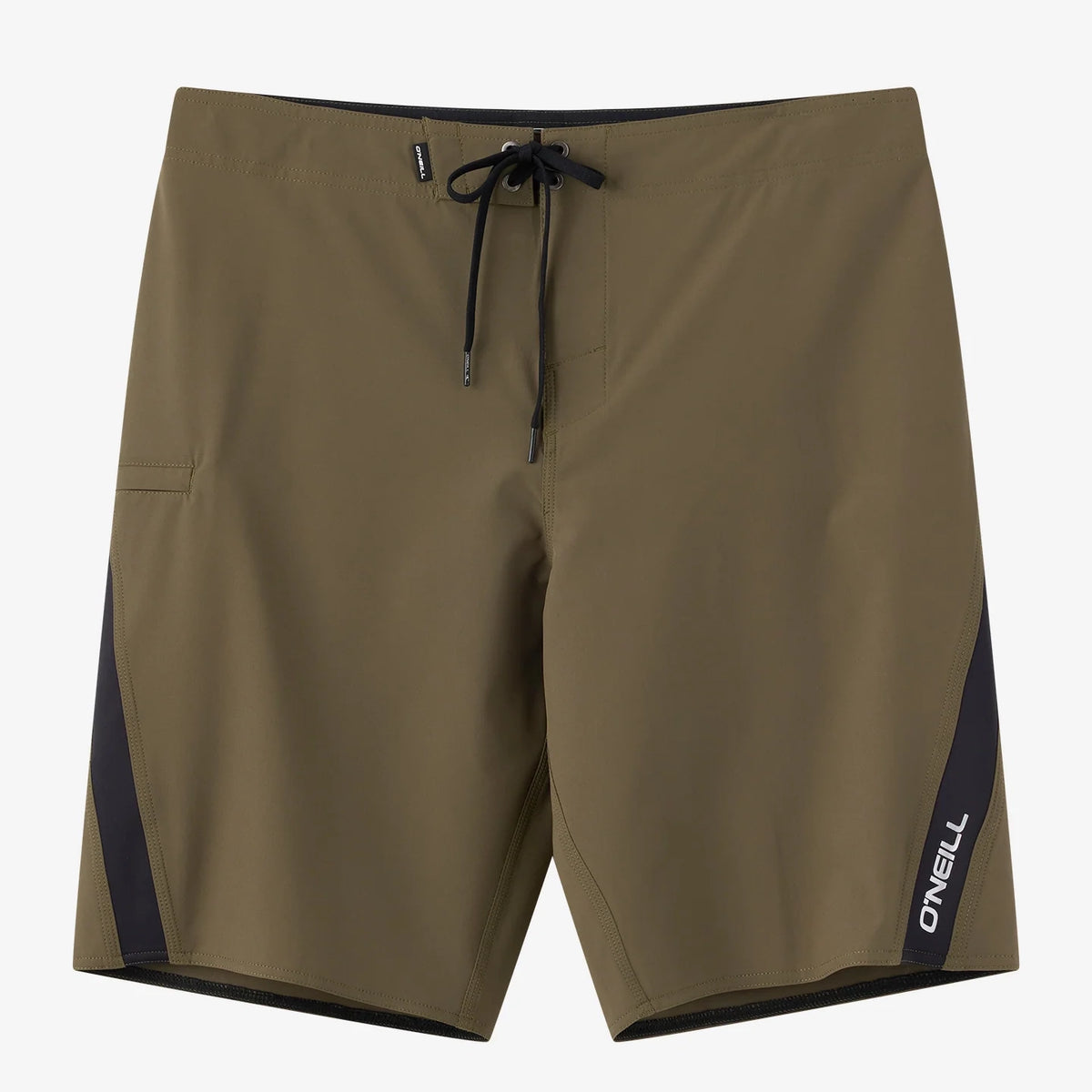 Brown shorts with black accents and a brand logo on a white background