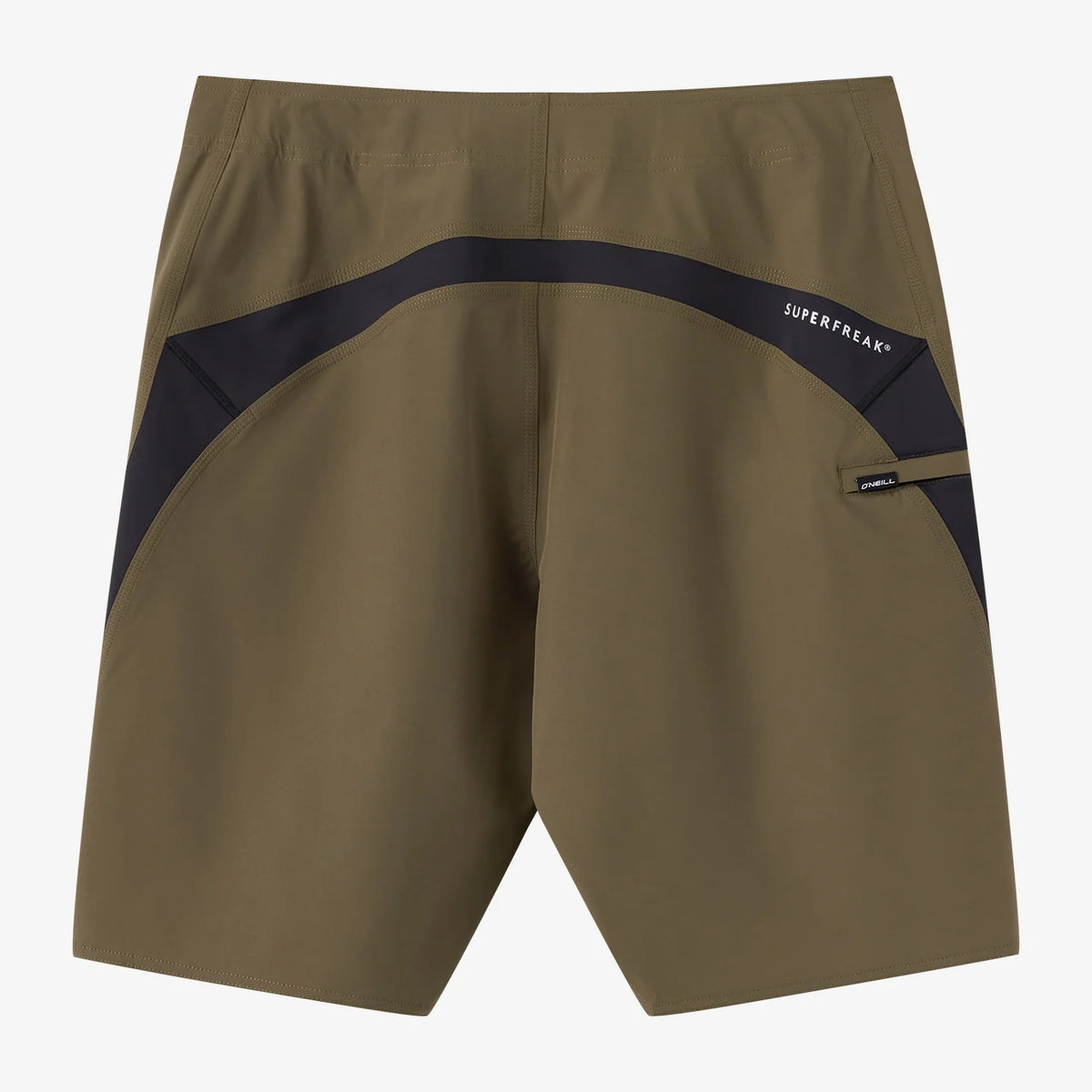 Brown shorts with black accents and 'SuperFreak' branding on a white background