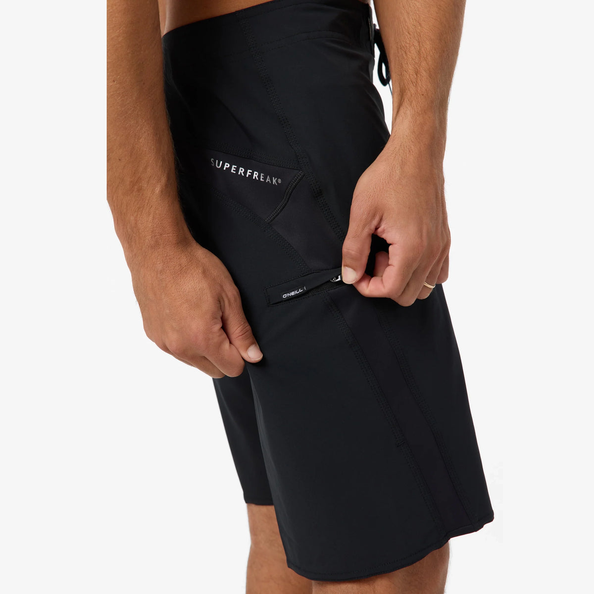 Black shorts with a brand logo on a white background