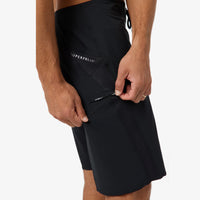 Black shorts with a brand logo on a white background