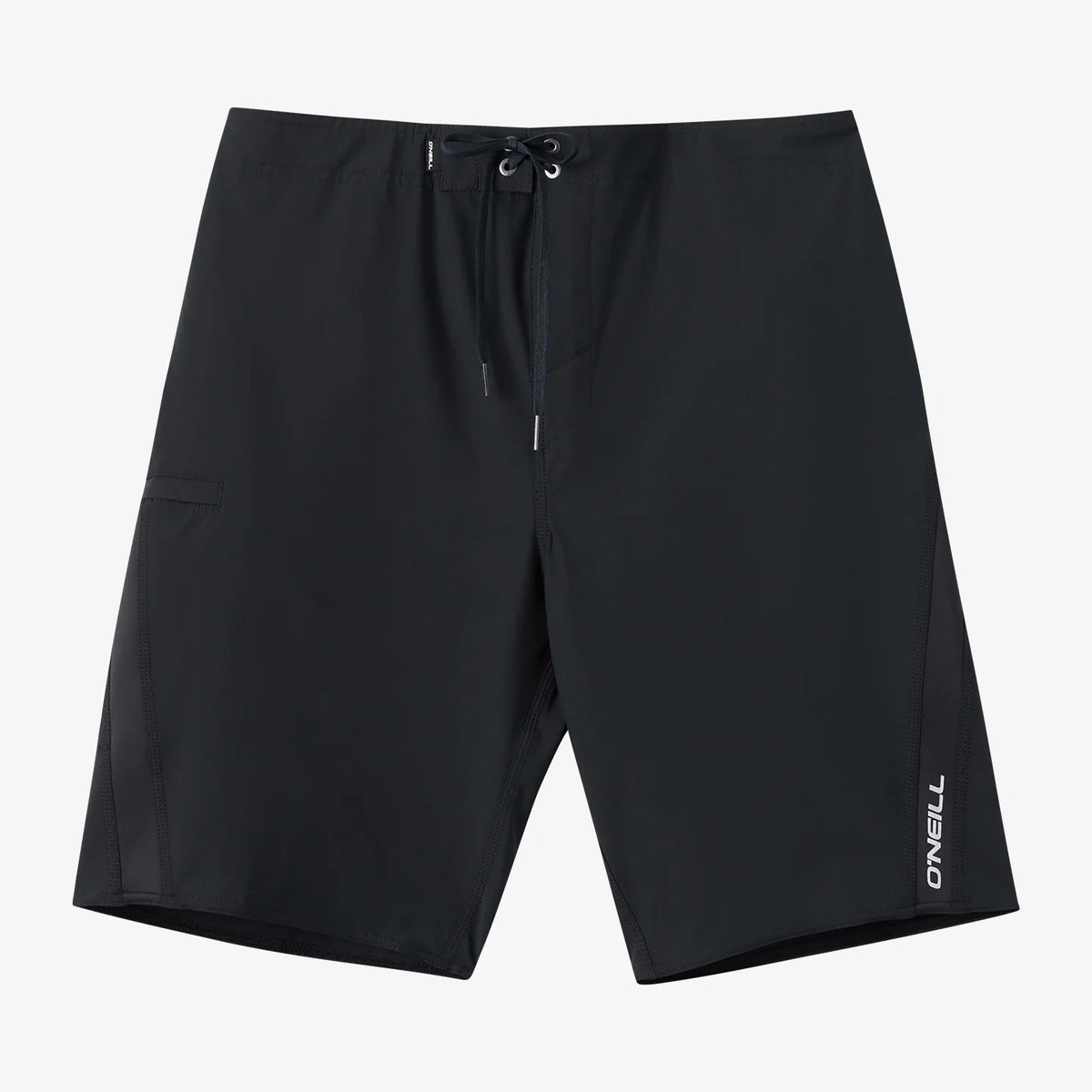 Black shorts with a brand logo on a light gray background