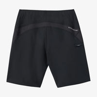 Black shorts with a brand logo on a white background